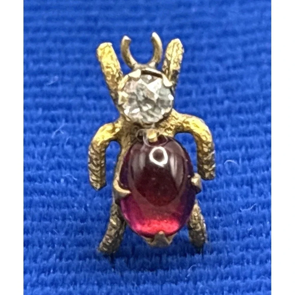 Vintage Victorian Tiny Beetle Bug Lapel Tie Tack Pin Red Cabochon Crystal
